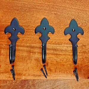 3 Hand Forged Cast Iron Rustic Fleur De Lis Coat Hat Rack Towel‎ Hooks